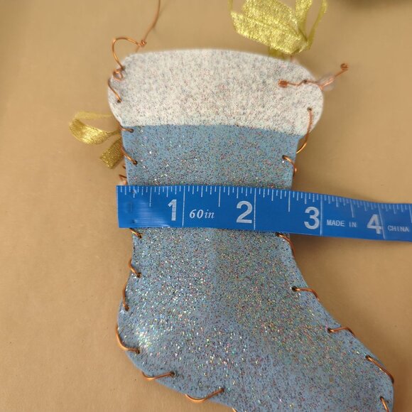 Handmade Blue White 2 Glitter Ornaments Christmas Stocking Metal 5.5" Snowman - Picture 8 of 9